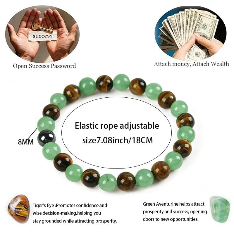 💙 Money Attraction Green Aventurine & Tiger Eye Elastic Crystal Bracelet for Men Women, Friendship Daily Wear