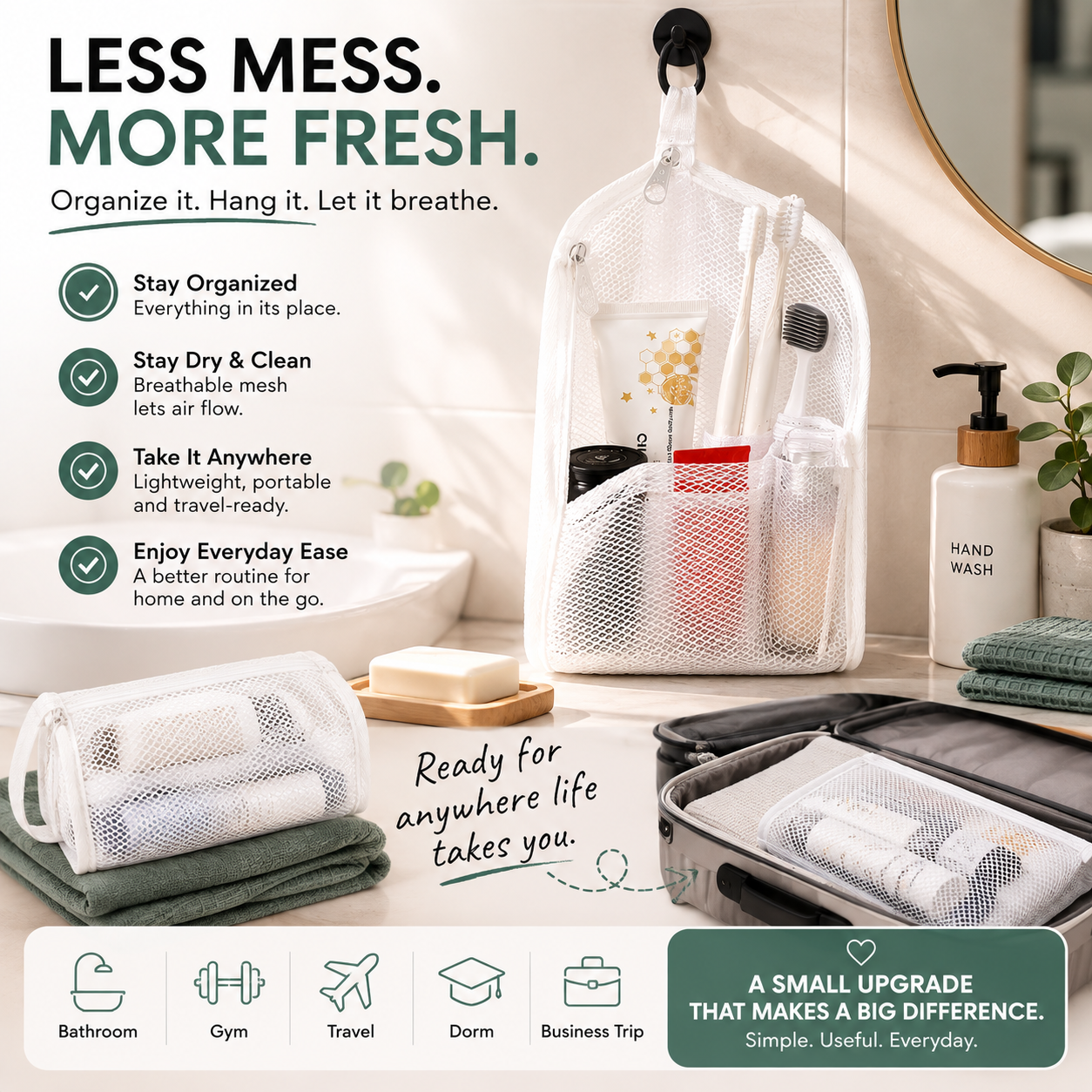 π§Ό 2-Pack Portable Quick-Dry Mesh Toiletry Bags β Hanging Travel Organizers with Toothbrush Slots