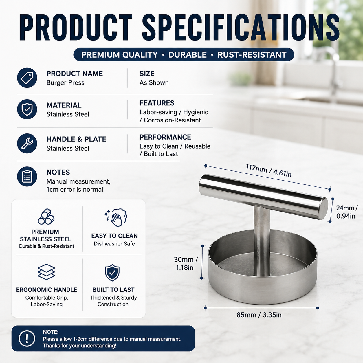 π BBQ FAVORITE | Manual Burger Patty Press β Uniform Round Patties for Grilling, Meal Prep & Home Cooking
