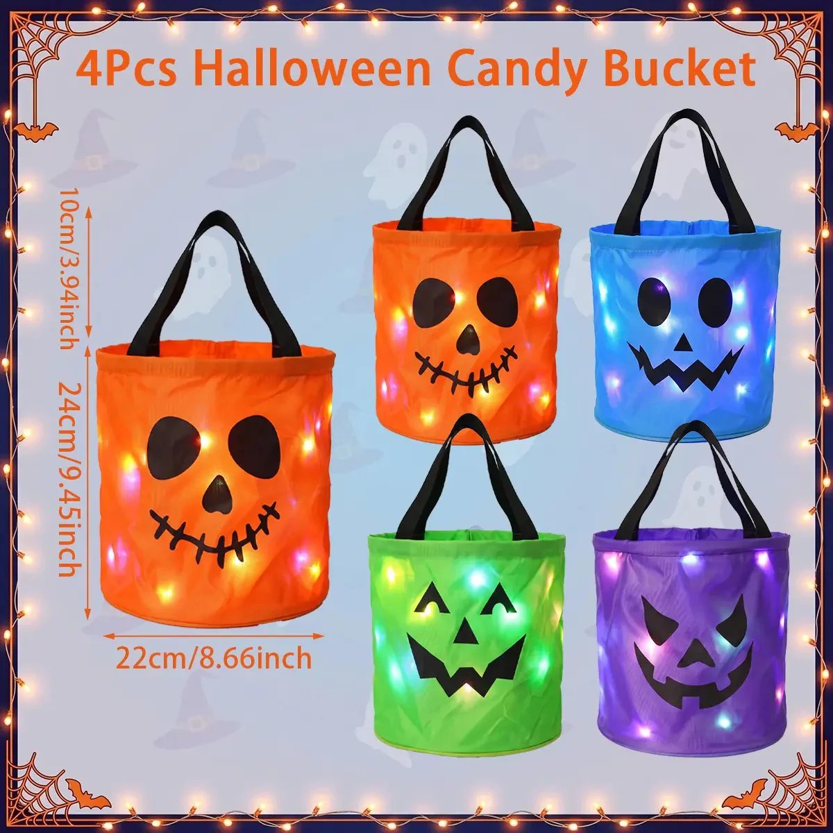 ๐ป Glow-in-the-Dark Halloween LED Candy Basket Bags๐5 Pack Pumpkin Trick or Treat Bags with Glow Lights for Kids, Parties & Halloween Decorations