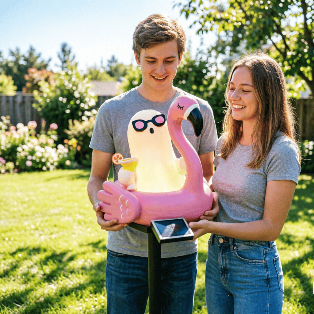 Solar Halloween Ghost Garden Stake Lights — Cute Ghost with Sunglasses in Pink Flamingo Pool Float Outdoor Decor, Waterproof Solar Powered Pathway Landscape Lighting for Yard, Lawn, Patio Gift