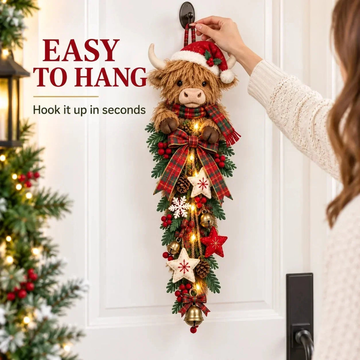 ๐๐ฎ Lighted Highland Cow Christmas Door Swag โ A Cozy Holiday Welcome