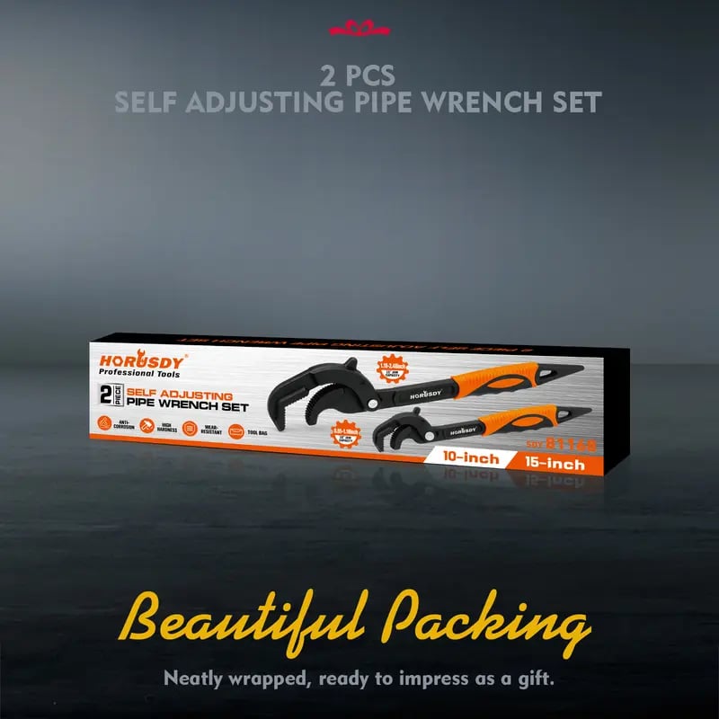 🛠️10′′ & 15′′ Self-Adjusting Pipe Wrench Set – Heavy Duty for Plumbing, HVAC, Nuts, Pipes & Fixtures