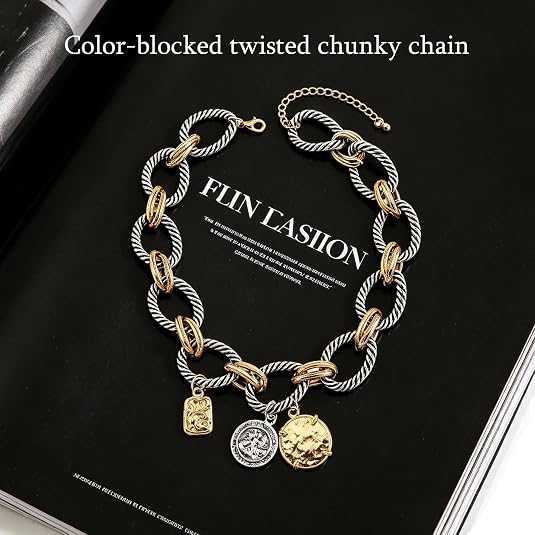 📿Women's Bohemian Twisted Metal Alloy Chain Necklace - Goldtone Coin Pendant