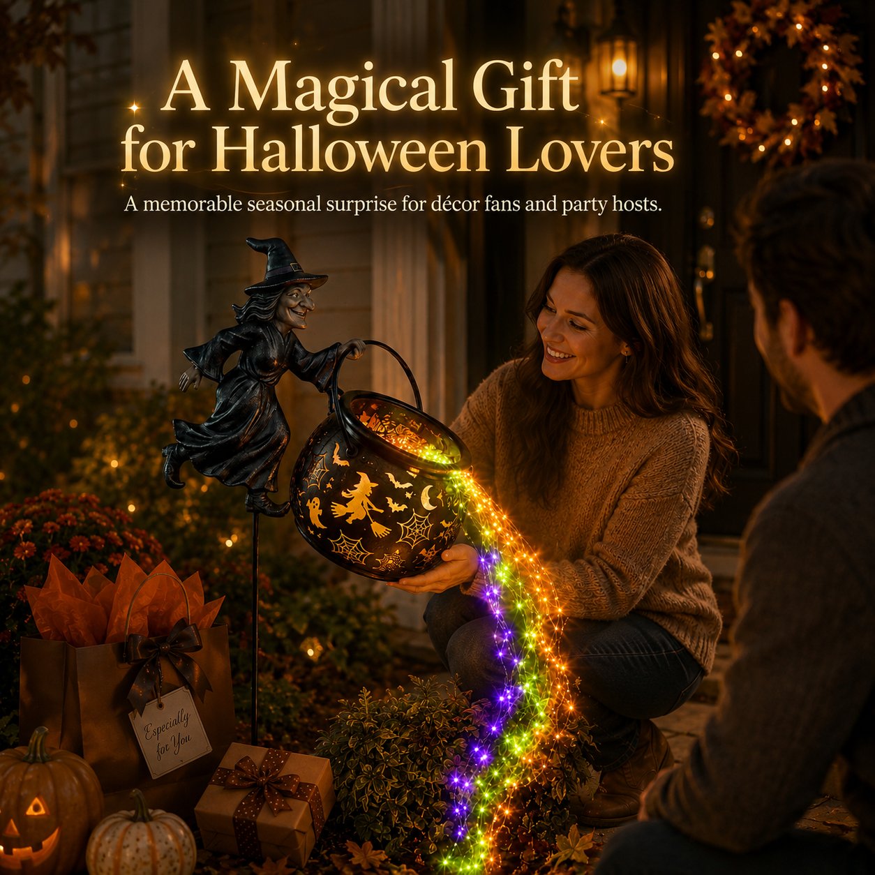 🎃Glowing Witch Cauldron Garden Stake Light – Magical Rainbow Halloween Yard Decor 🧙♀️✨