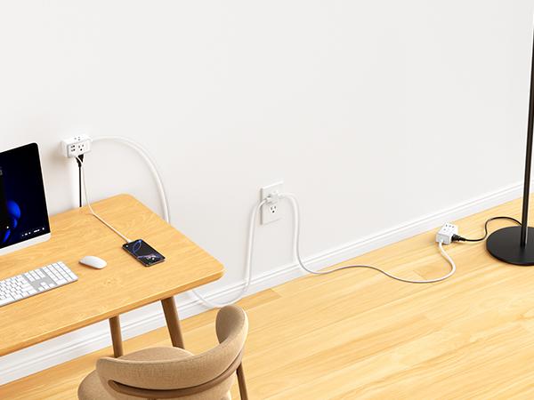 Twin Extension Cord Splitter 12 / 18 FT, with 6ft Dual Extension Cord on Each Side 3 Widely Outlets, Double Extension Cord for Home Office Dorm Room