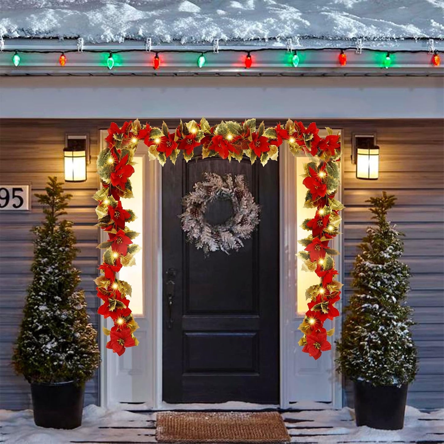 π Red Poinsettia Christmas String Lights | LED Tree & Staircase Holiday Decor