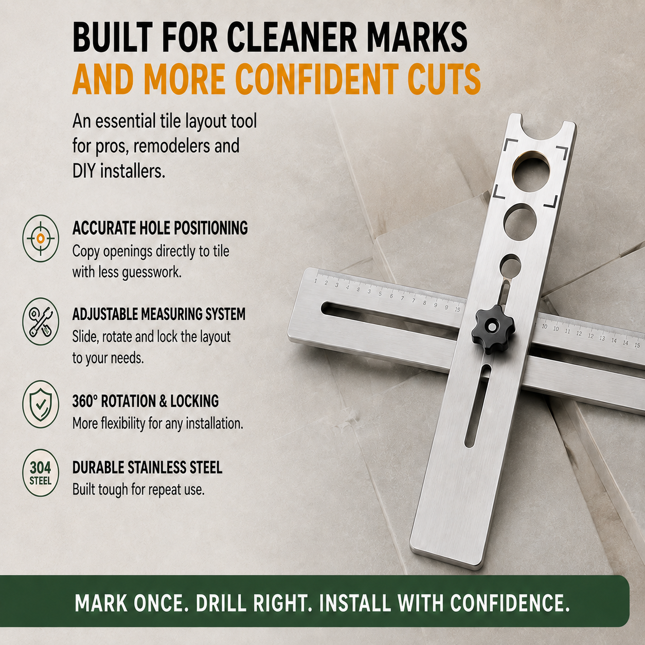 Stainless Steel Tile Positioning Ruler β Adjustable Drill Guide & Measuring Tool for Ceramic, Marble & Wall Tile