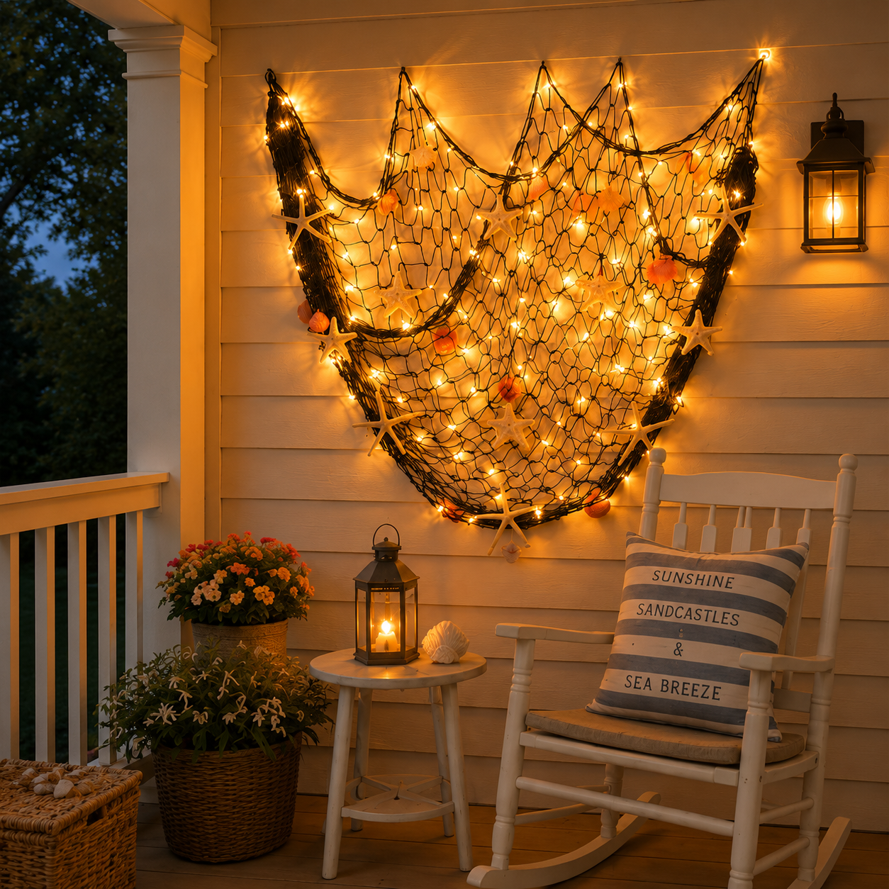 ๐โจ Coastal Fishing Net Wall Hanging with Fairy Lights