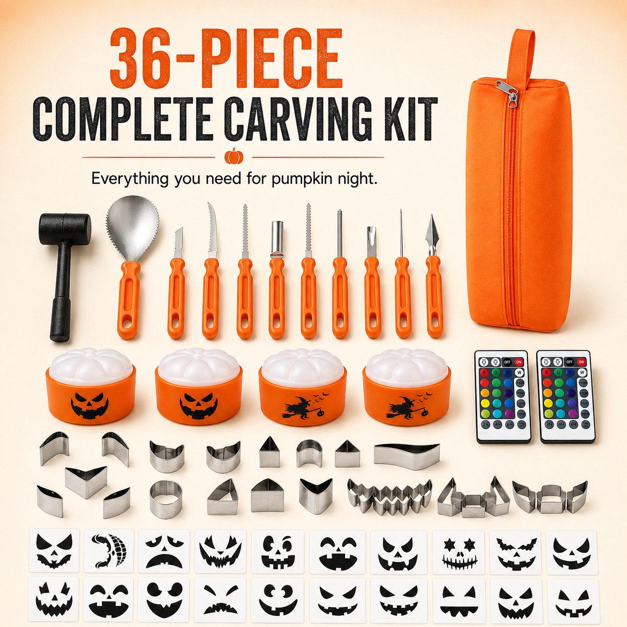 π 36-Piece Pumpkin Carving Kit with 16-Color LED Lights