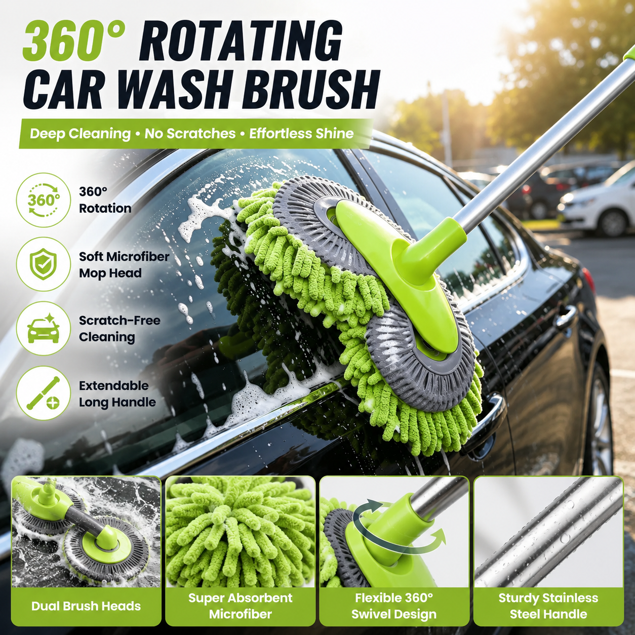 🚗43'' Long Handle Car Wash Mop, 3X Fast Clean, Retractable Aluminum Alloy Pole