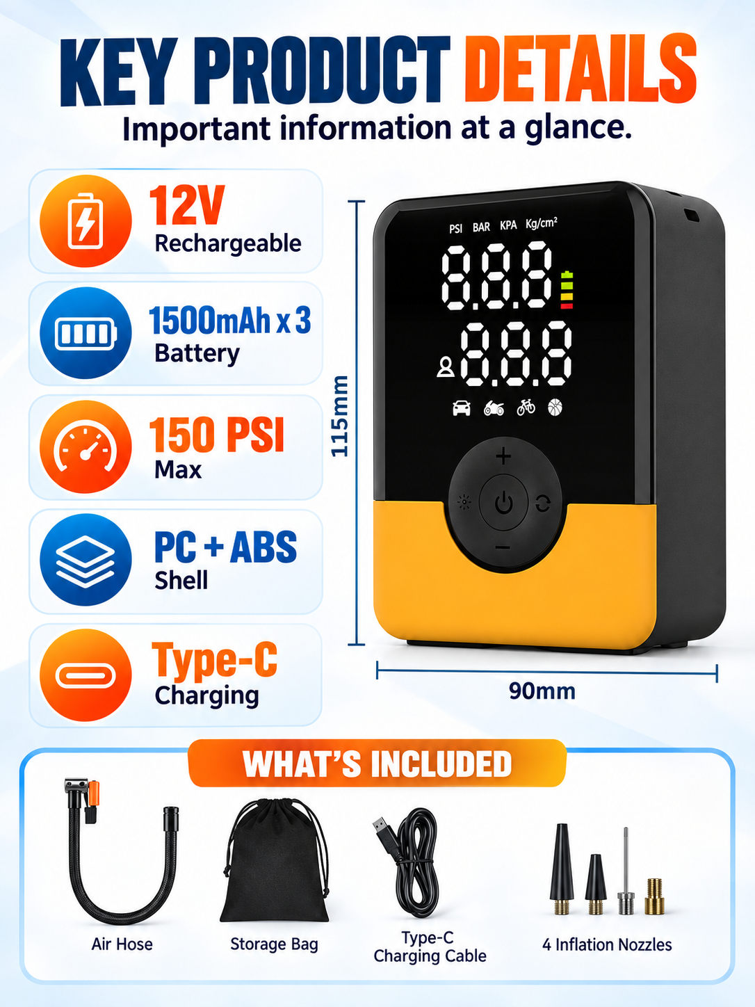 ๐ Auto Tool Deal โ Compact Cordless Tire Inflator ๐ Rechargeable Air Compressor with Digital Display, LED Light & Multi-Nozzle Kit โจ