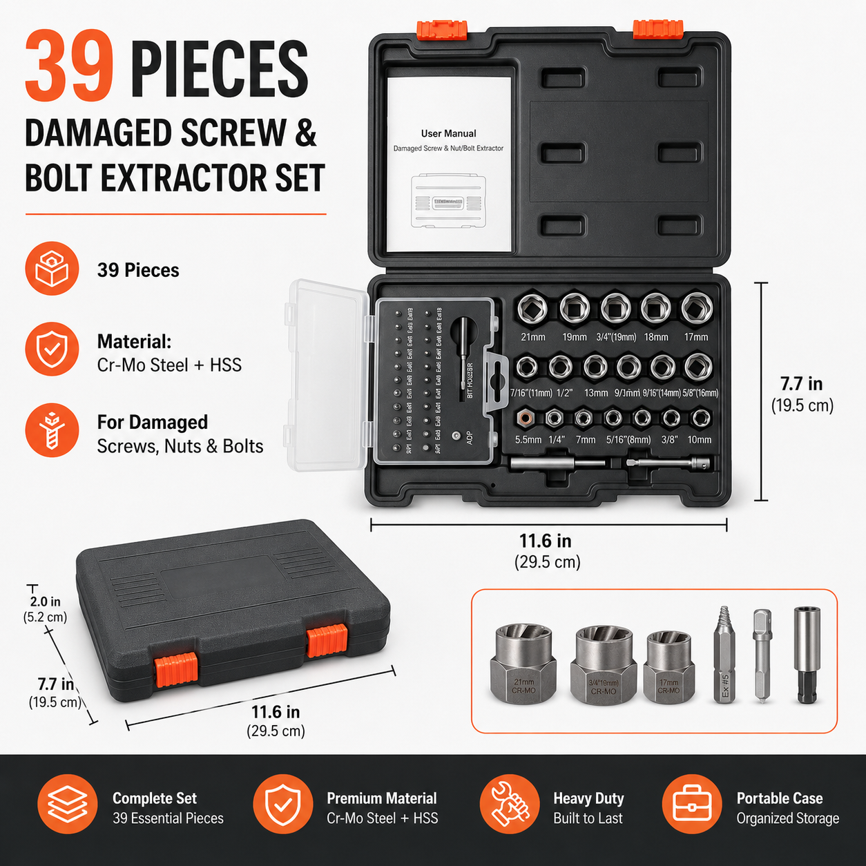 π οΈ39-Piece Damaged Screw Extractor Set with 3/8" Drive Bolt Extractor Kit