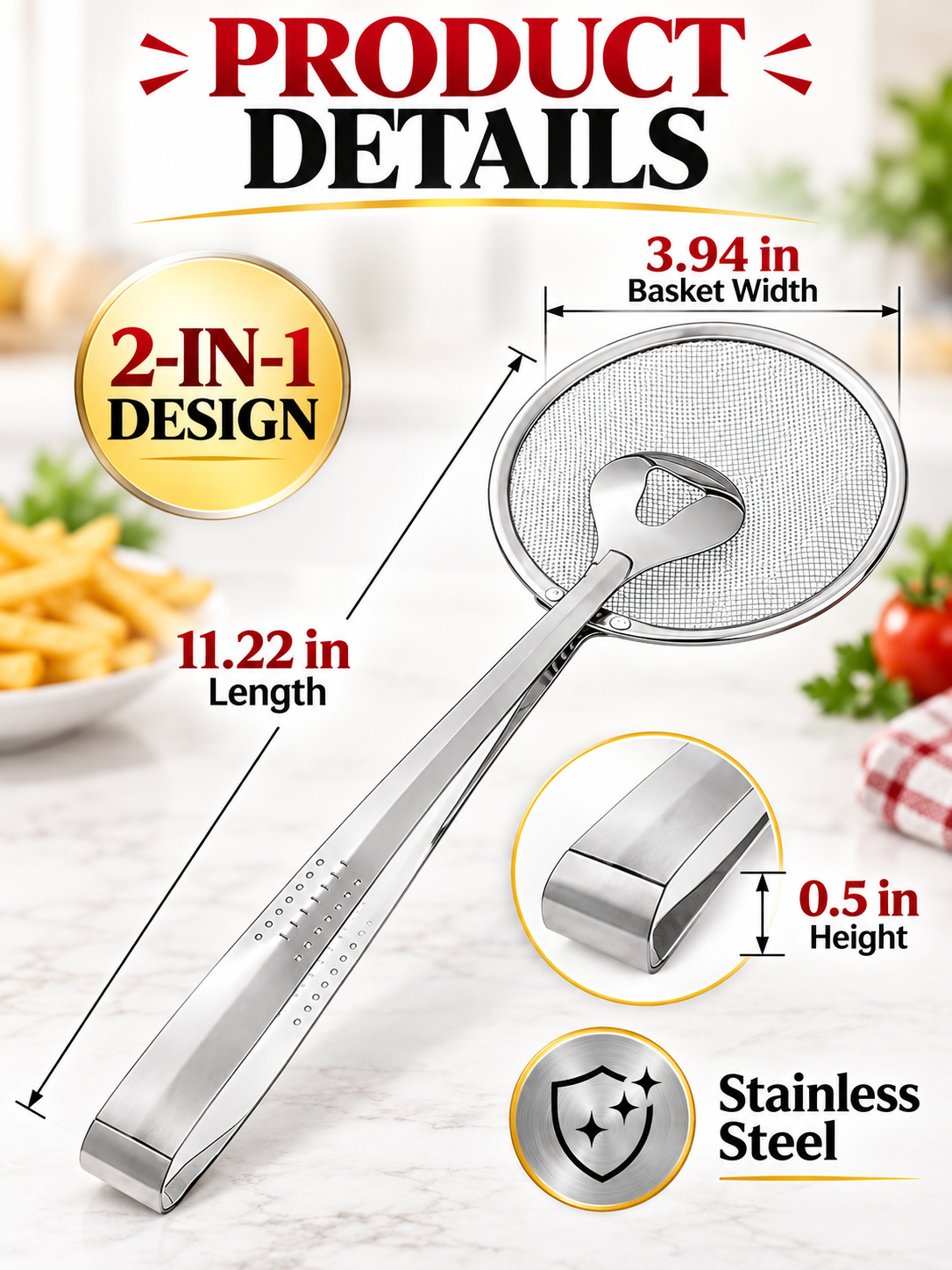π³ Kitchen Deal β 2-in-1 Frying Strainer Tongs π₯’ Stainless Steel Skimmer for Easy Oil Draining & Serving π€