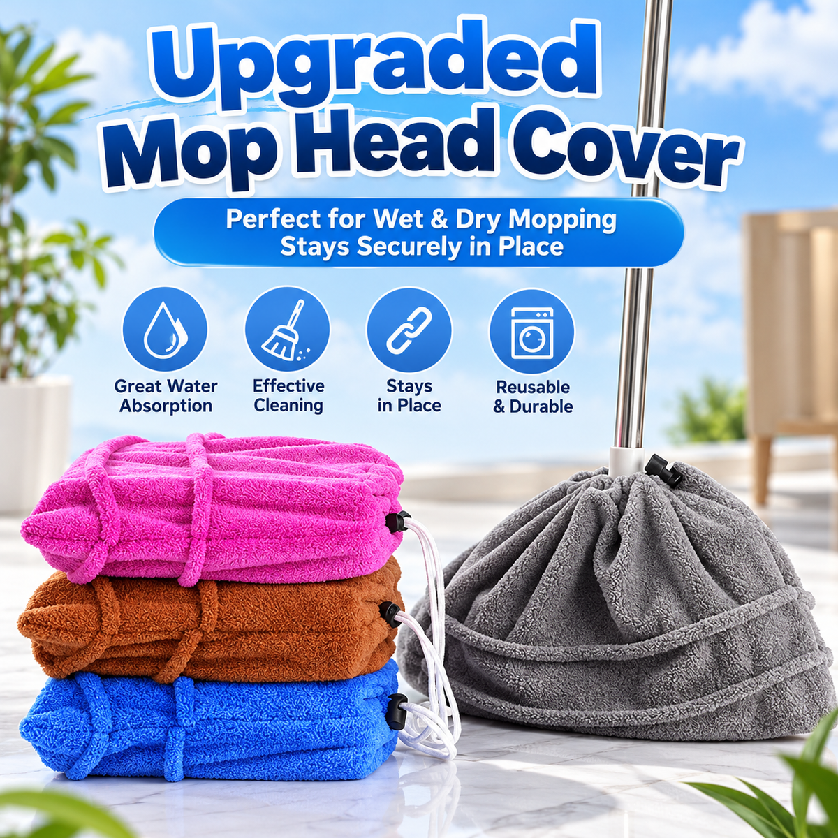 Reusable Microfiber Mop Head Cover, Dust & Spill Cleaning Pad