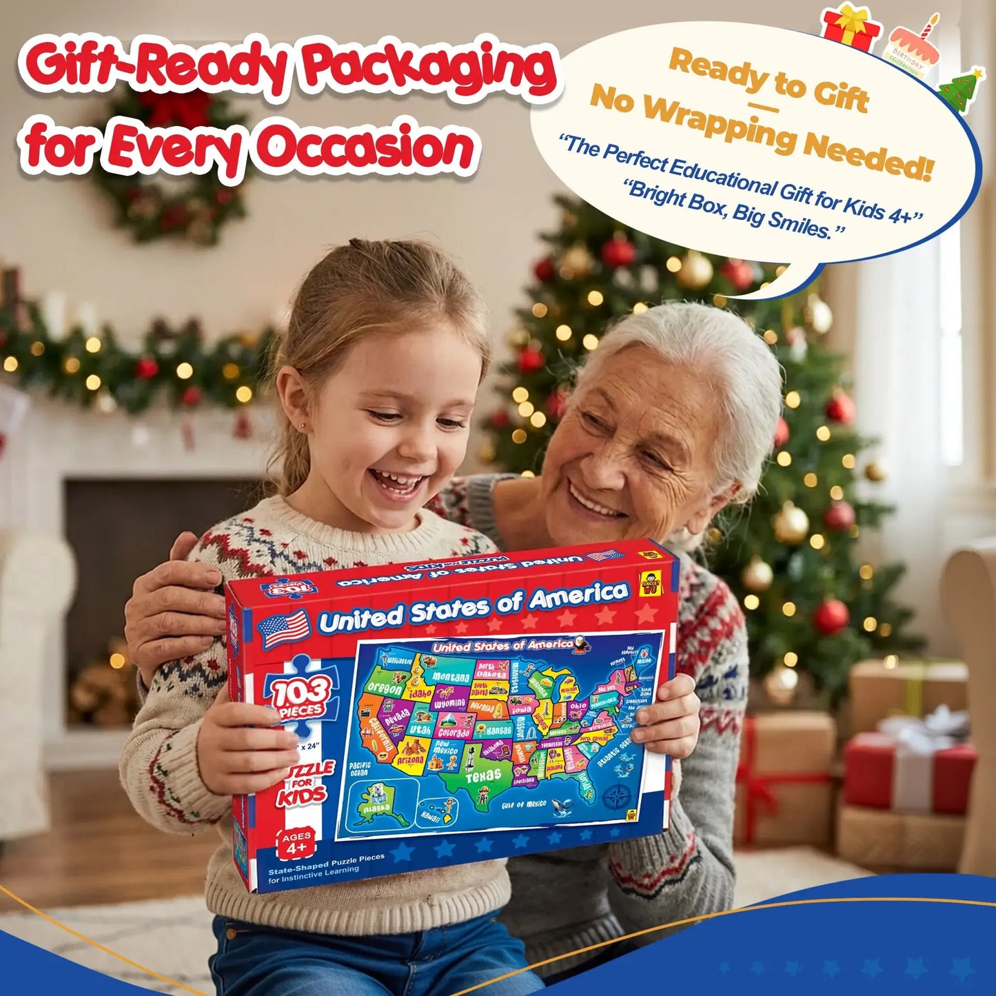🧩103 Piece USA Map Puzzle for Kids Ages 4-8 - 18x24 Large Floor Puzzle
