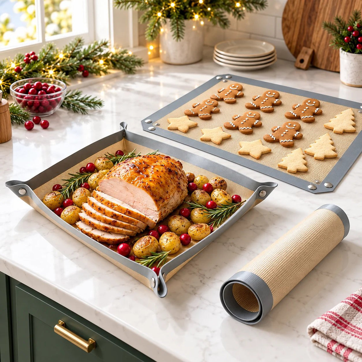 Snap-Lock Silicone Baking Mat -2in-1 Nonstick Oven Liner & RaisedEdge Roasting Mat