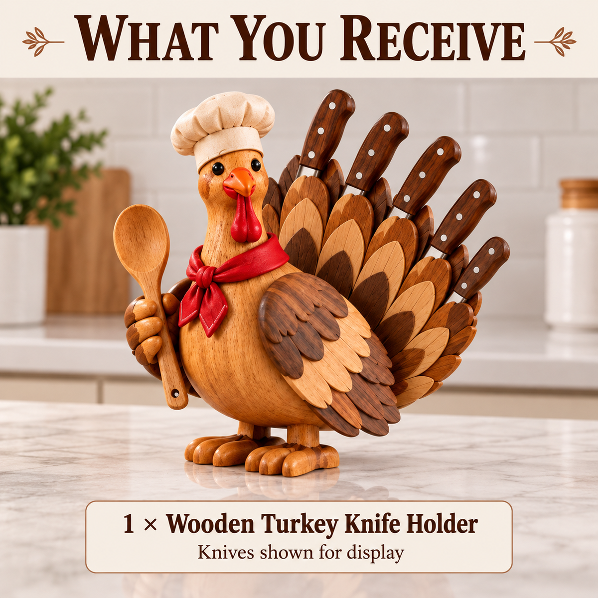 🦃 Wooden Turkey Knife Holder – Thanksgiving Kitchen Counter Decor