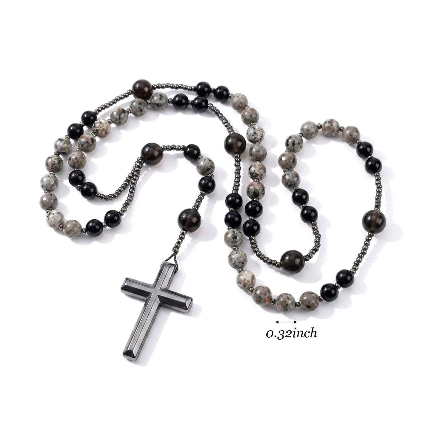Natural Obsidian & Yooperlite Cross Rosary Necklace