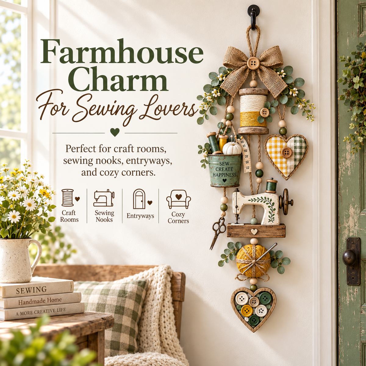 π§΅β¨ Rustic Wooden Sewing - Themed Hanging Ornament with Remote Control Fairy Lights