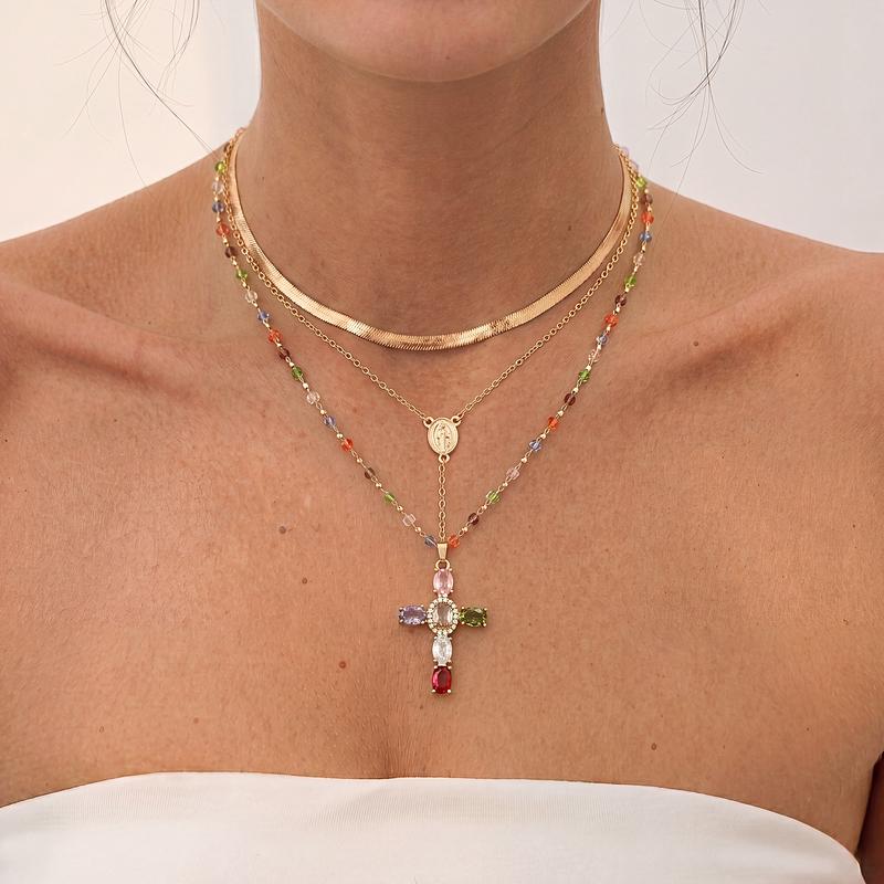 Multicolor Cubic Zirconia Cross Pendant Necklace
