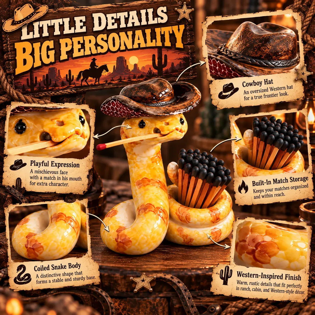 🤠 The Cowboy Rattler™ Match Holder | Funny Western Snake Décor for Cabins, Mantels & Bars 🐍