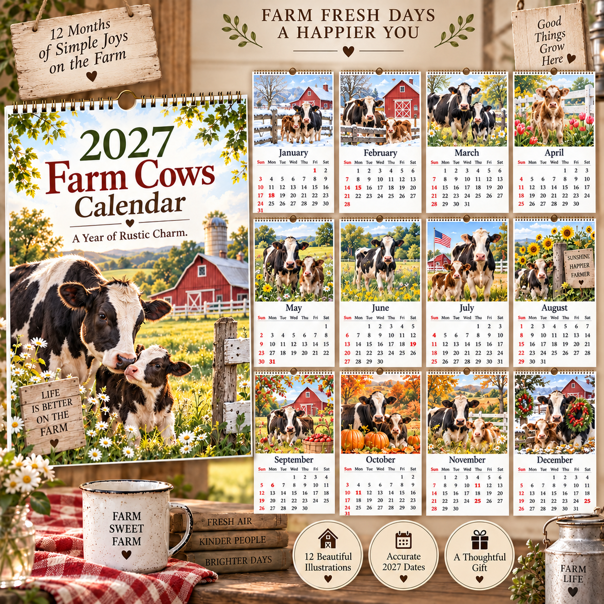 📅 2027 Farm Cows Calendar|A4 Hanging Calendar