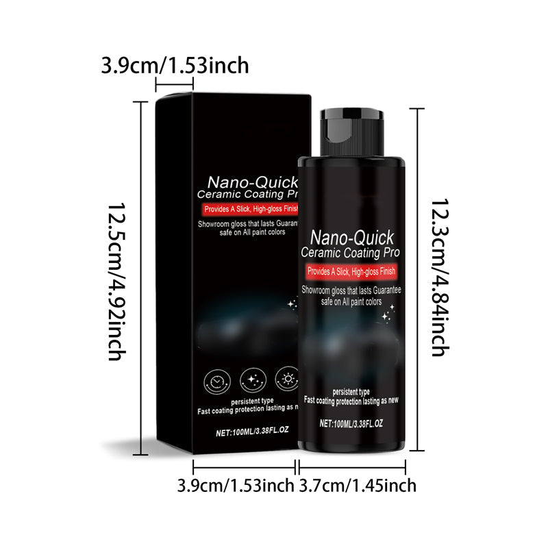 Nano-Quick Ceramic Coating Pro for automobiles, featuring advanced ceramic technology for dust-proof glass effect and lasting luster