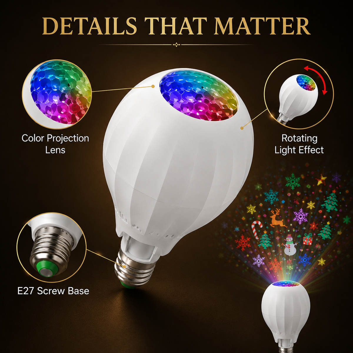 🎄50% OFF NOW! Colorful Rotating Christmas Atmosphere Projector‑ E27 Socket Holiday Projection Light Bulb, 180° Adjustable Festive Pattern Lamp for Xmas Party Home Decor