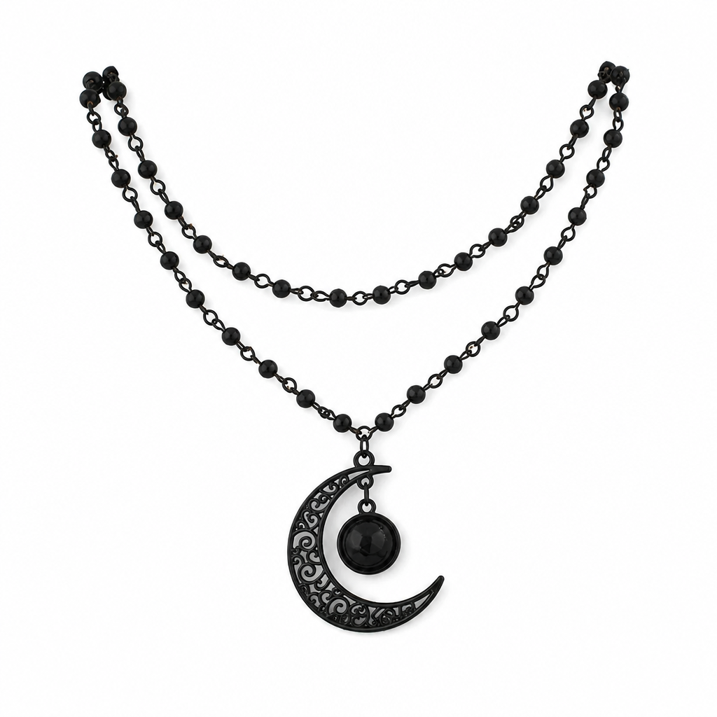 ⏳Limited-time 50% off⏰Gothic Dark Crystal Beaded Chain Necklace with Hollow Out Moon Alloy Pendant🖤🌙