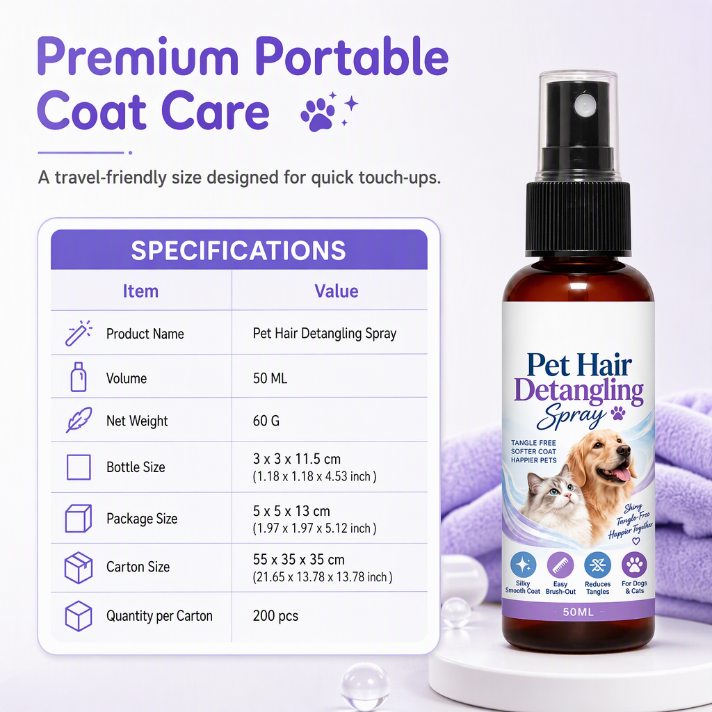 Pet Detangling & Smoothing Spray – loosens tangles, reduces brushing friction, leaves coat smooth & cared for. Easy everyday grooming! 🛡️💚