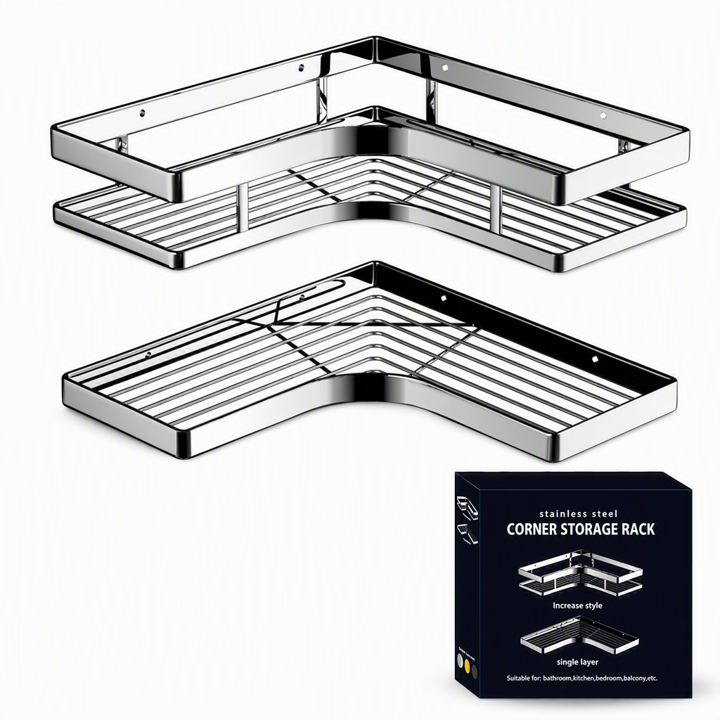 No Drill Bathroom Corner Shelf with 8mm Thickened Flat Bar Triangular Shower Organizer Rack