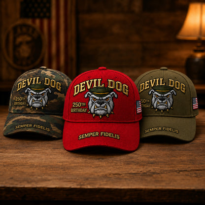 🔥 Father’s Day Sale - ❤️ Handmade Embroidered Devil Dog USMC 250th Birthday Commemorative Cap 🇺🇸