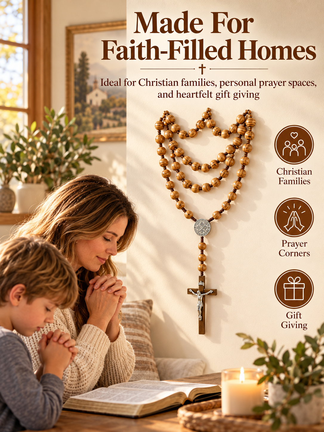 ✝️ Handcrafted Wooden Rosary Wall Cross – Large Christian Faith Decor For Home