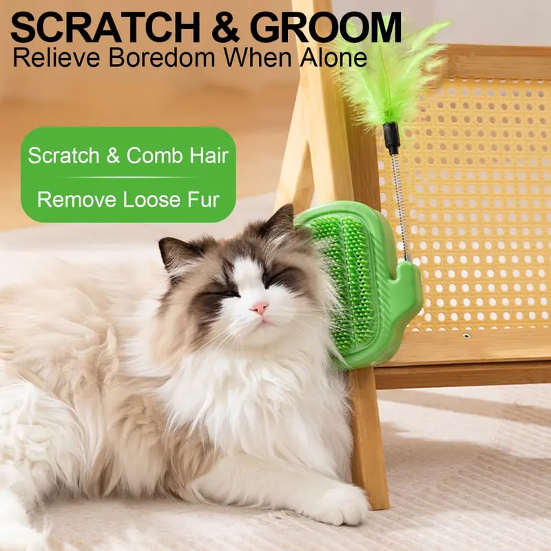 3-in-1 Cat Corner Groomer – Scratcher, Massage Brush & Catnip Toy