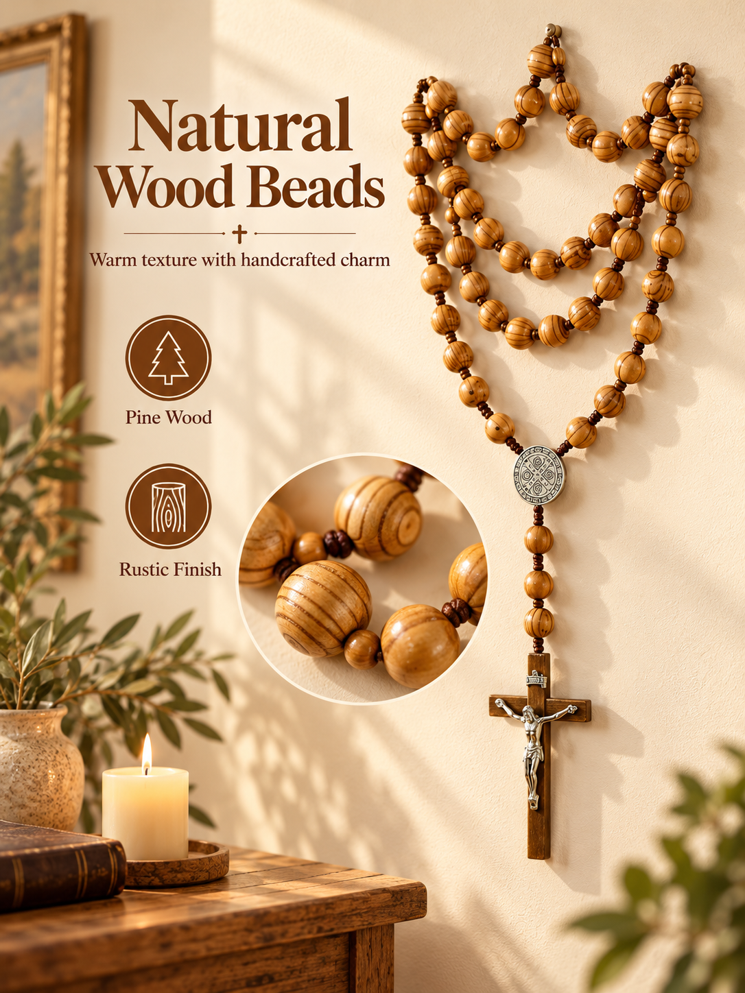 ✝️ Handcrafted Wooden Rosary Wall Cross – Large Christian Faith Decor For Home