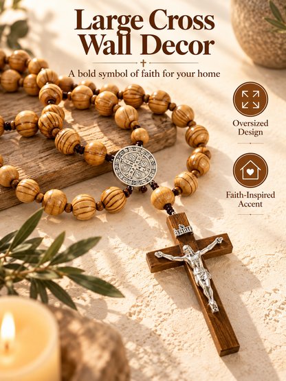 ✝️ Handcrafted Wooden Rosary Wall Cross – Large Christian Faith Decor For Home