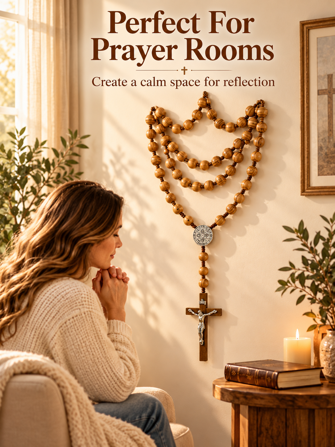 ✝️ Handcrafted Wooden Rosary Wall Cross – Large Christian Faith Decor For Home