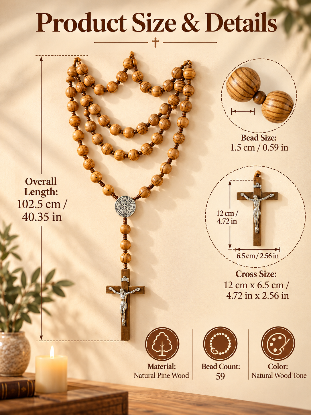 ✝️ Handcrafted Wooden Rosary Wall Cross – Large Christian Faith Decor For Home