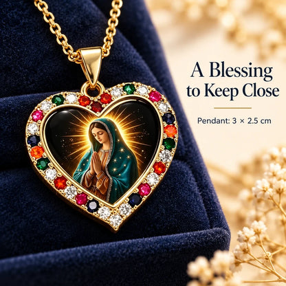 Virgin Mary Heart Pendant Necklace – Gold-Tone with Multicolor Accents