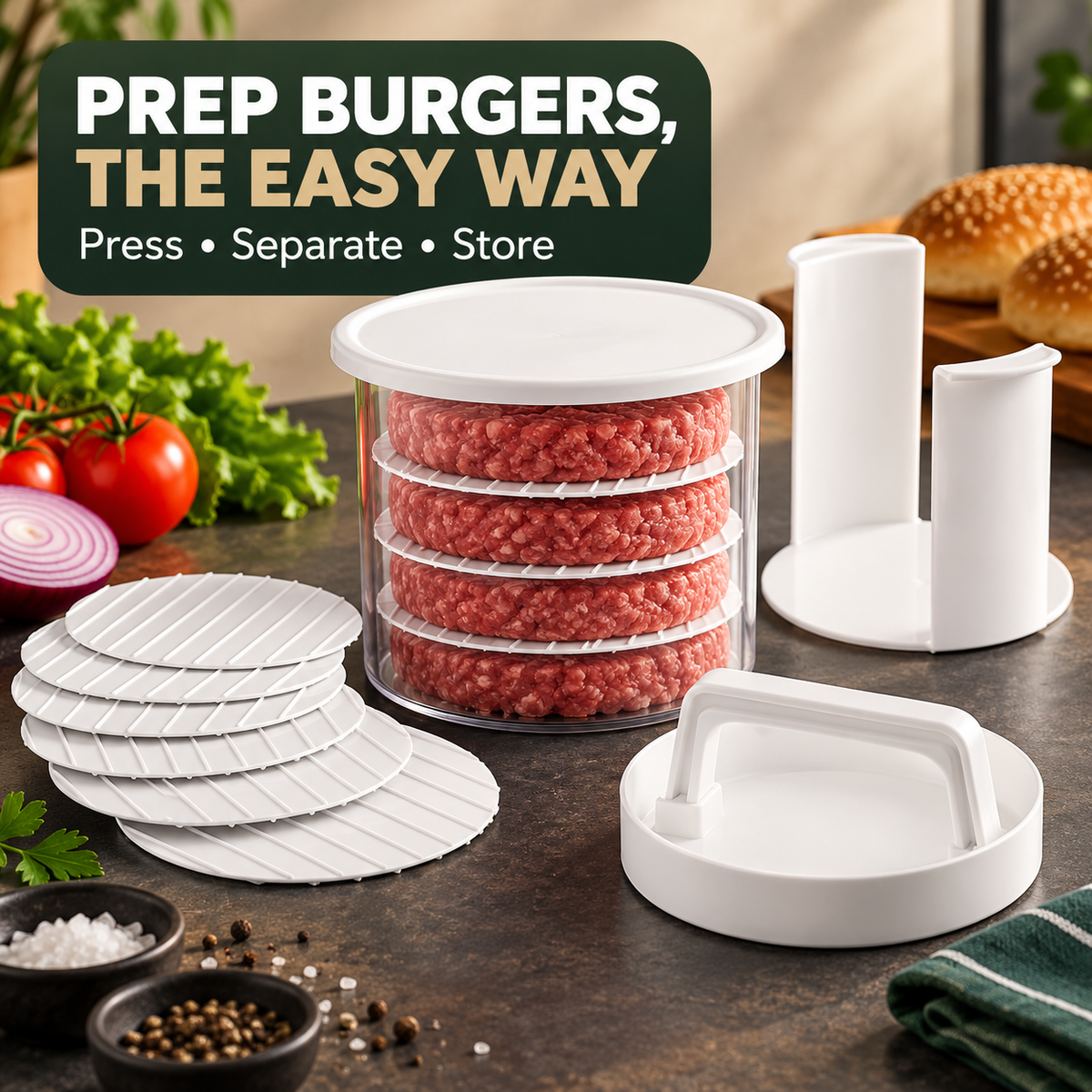 Burger patty press and storage set hero