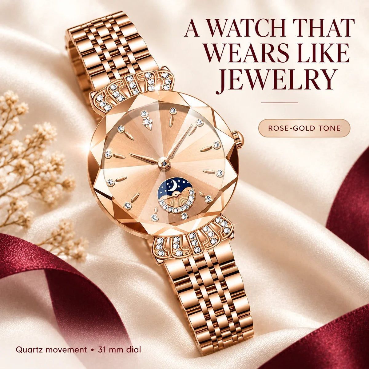 👑✨ Luxurious Rose Gold Crystal Quartz Watch – Diamond Cut Vintage Wristwatch