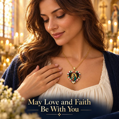 Virgin Mary Heart Pendant Necklace – Gold-Tone with Multicolor Accents