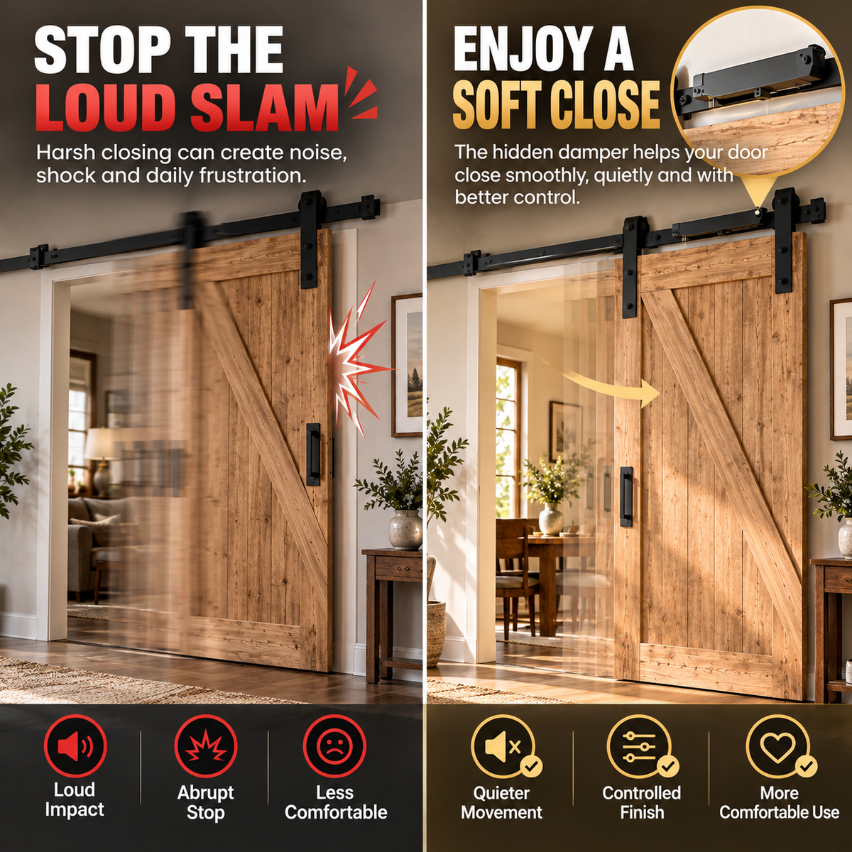 🚪 Barn Door Soft Close Kit – Hidden Anti-Slam Damper Hardware for 88–132 lb Flat Track Sliding Doors