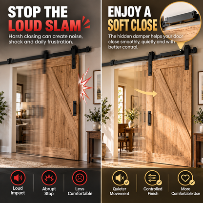 🚪 Barn Door Soft Close Kit – Hidden Anti-Slam Damper Hardware for 88–132 lb Flat Track Sliding Doors