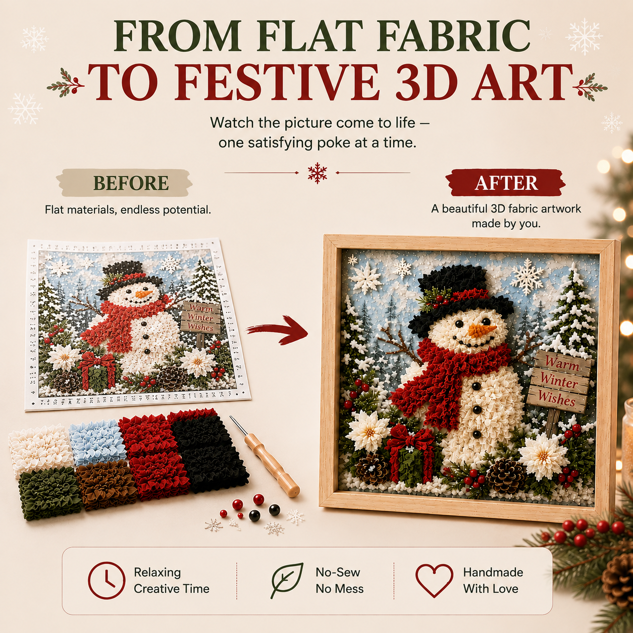 ⛄ CHRISTMAS SPECIAL | DIY Snowman Fabric Poke Art Kit – Handmade 3D Holiday Decoration Craft Set
