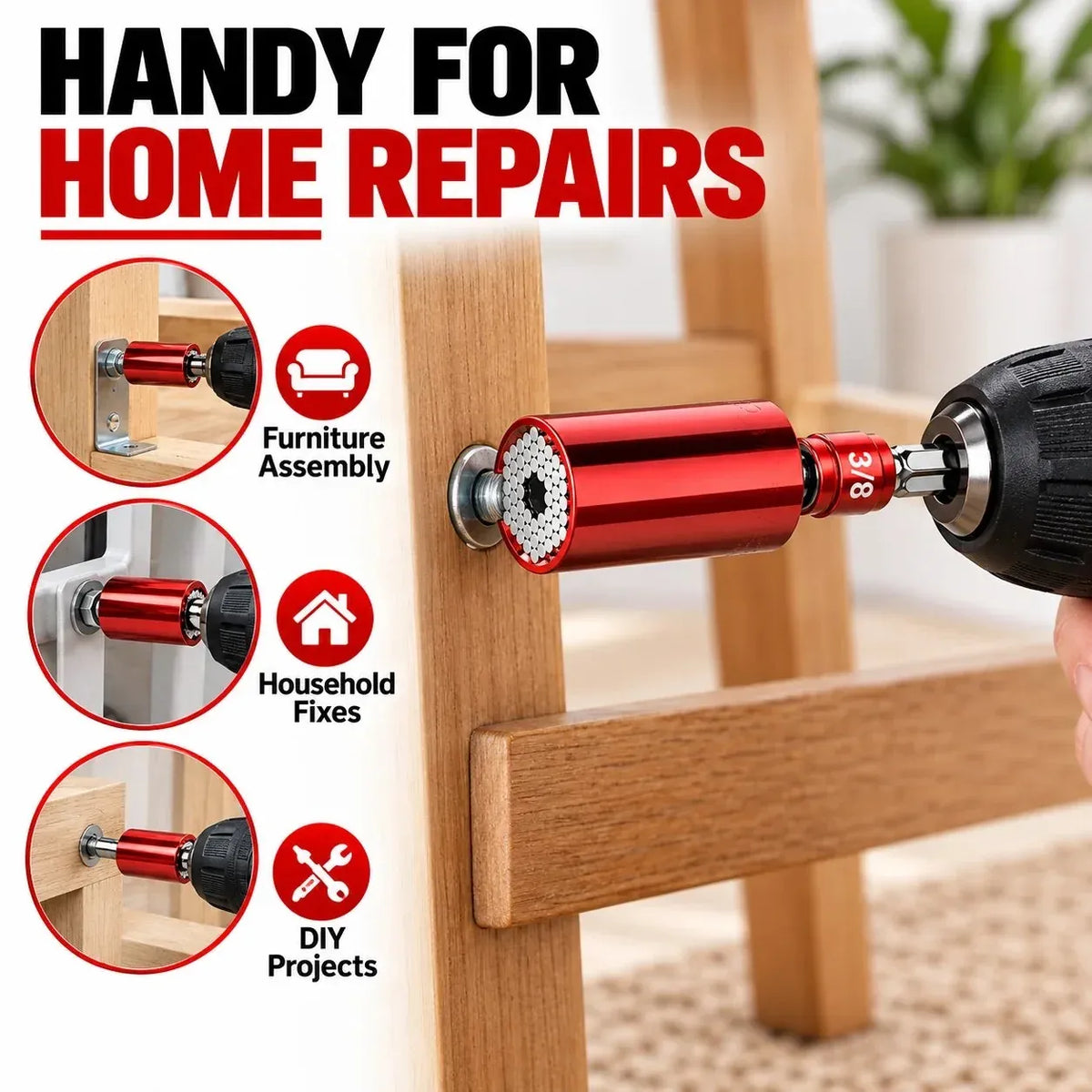 Universal Socket Tool – 7–19mm Self-Adjusting Grip Socket with Drill Adapter