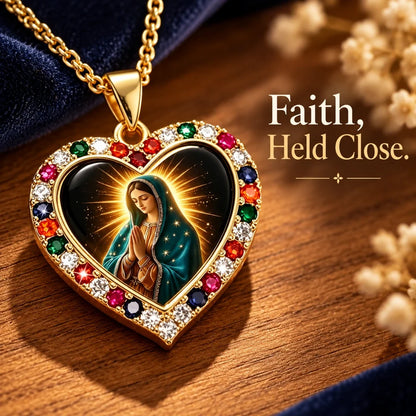 Virgin Mary Heart Pendant Necklace – Gold-Tone with Multicolor Accents