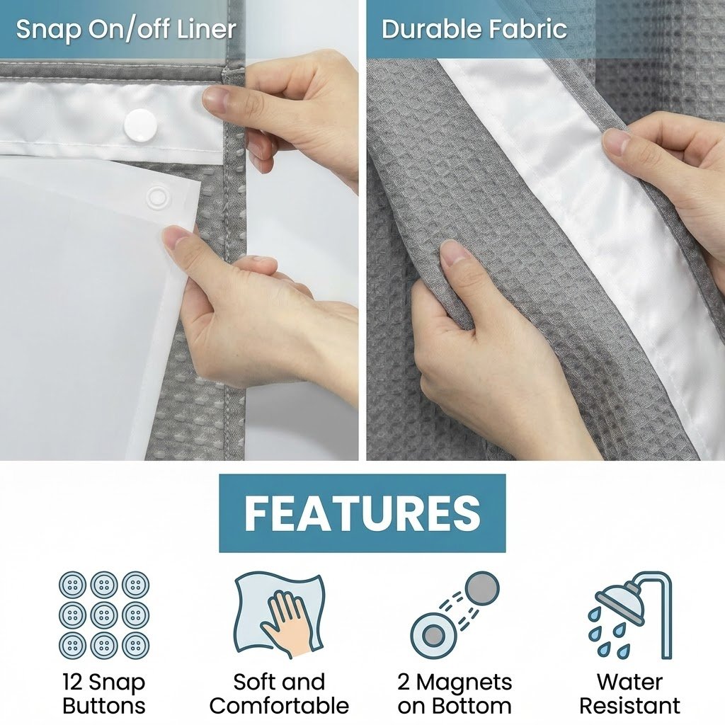 Hookless Shower Curtain with Snap-in Liner – Waterproof Double-Layer Design – Fabric Curtain with Waterproof Liner (White)