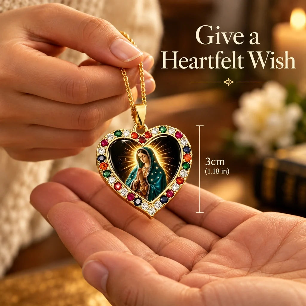 Virgin Mary Heart Pendant Necklace – Gold-Tone with Multicolor Accents